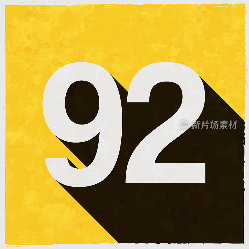 92 -数字92。图标与长阴影的纹理黄色背景